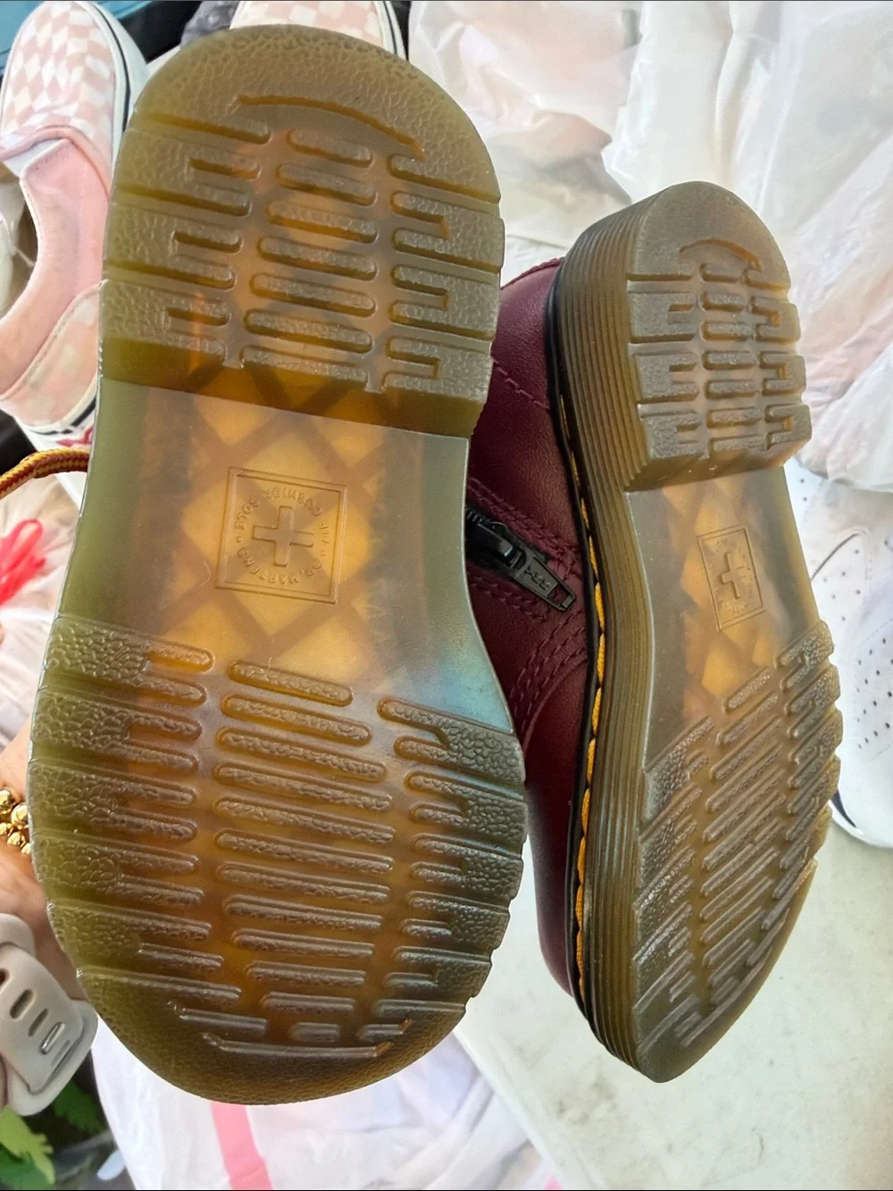 Dr. Martens Kids Burgundy Leather Ankle Boots with Yellow Laces